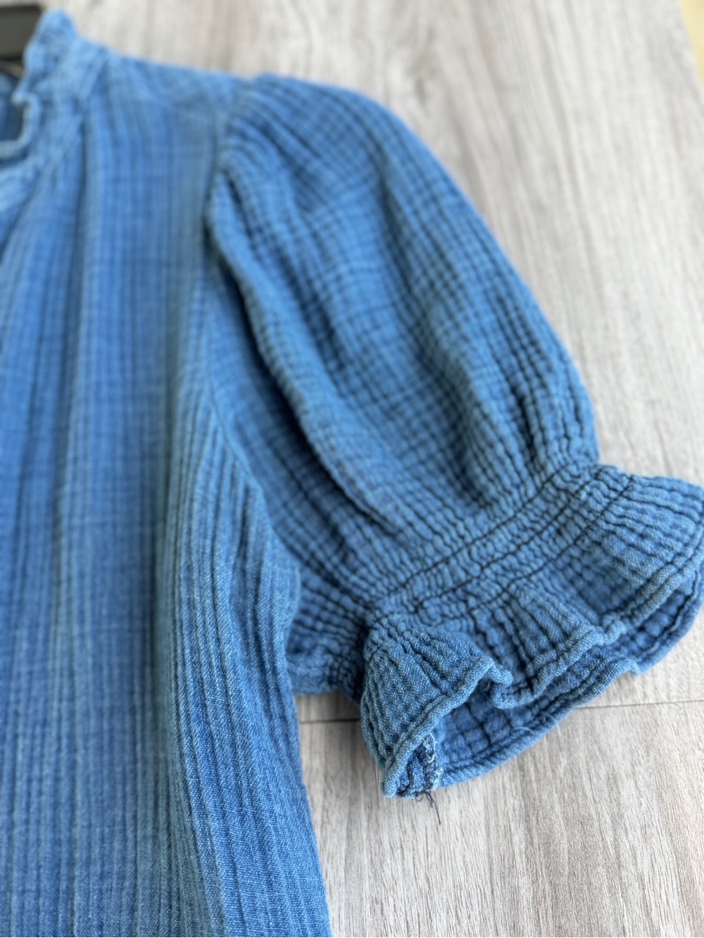 GAP Blue Crinkle Cotton Double Gauze Ruffle Button Front Mini Dress Sz Medium - Picture 5 of 13
